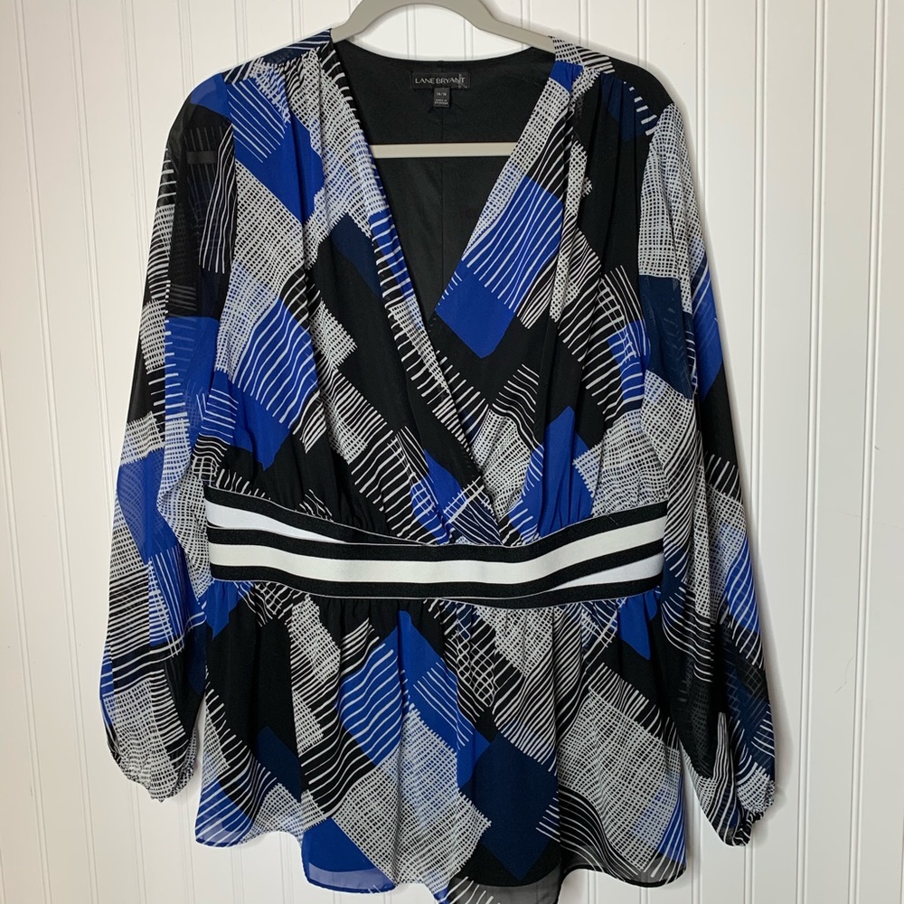 Lane Bryant faux wrap blue black shirt size 14 16